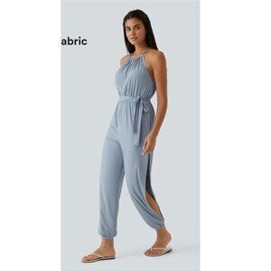 Halter Tie Sleeveless Jumpsuit Light Blue Belted Quick Dry Cut-Out Legs Stretchy